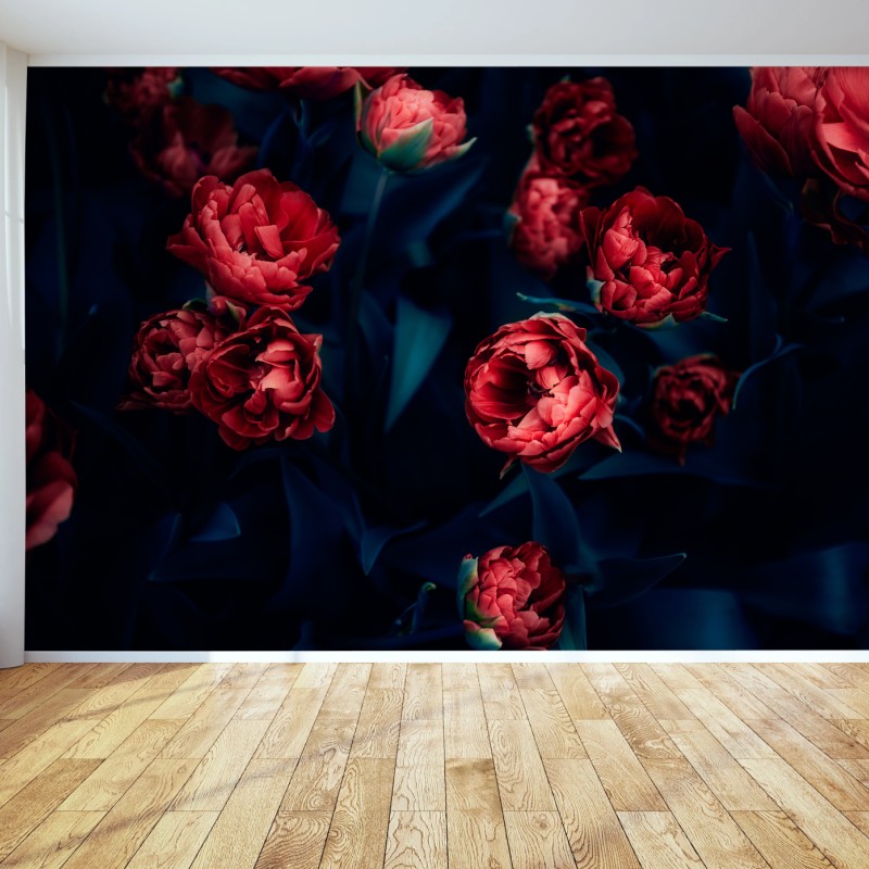 Fototapete dunkler roter tulpenstrauß – Wallnifity®