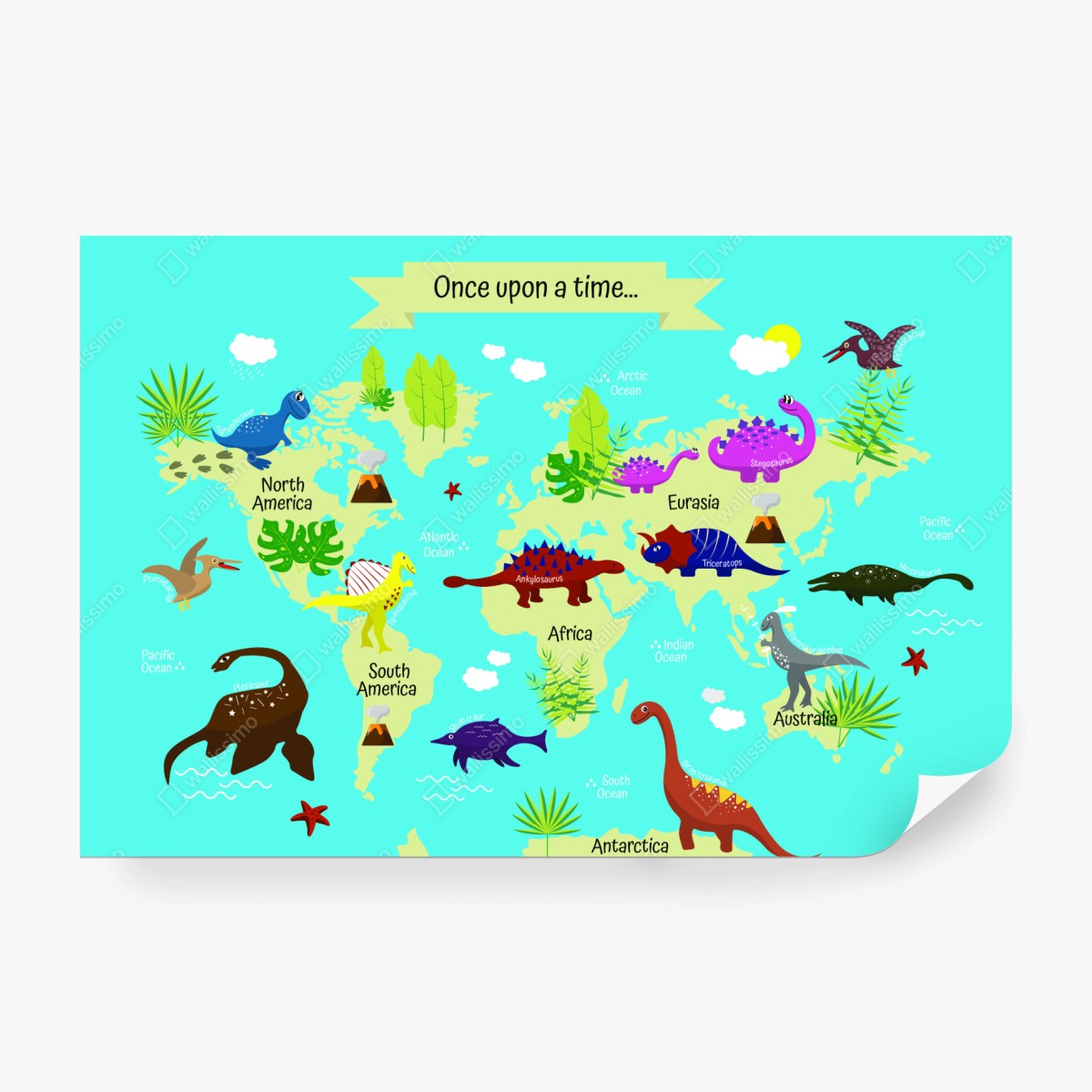 Fototapete bunte weltkarte mit dinosauriern – Wallnifity®