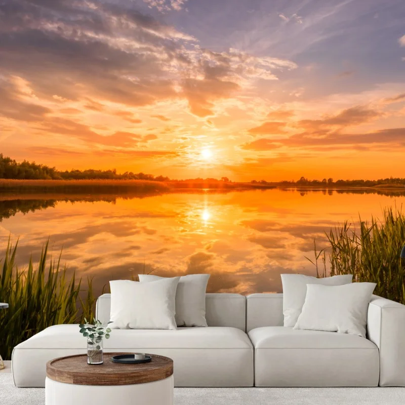 Fototapete goldener sonnenuntergang über idyllischem see – Wallnifity®
