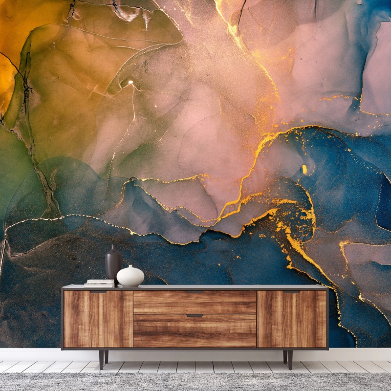 Fototapete blaues und goldenes abstraktes marmormotiv – Wallnifity®