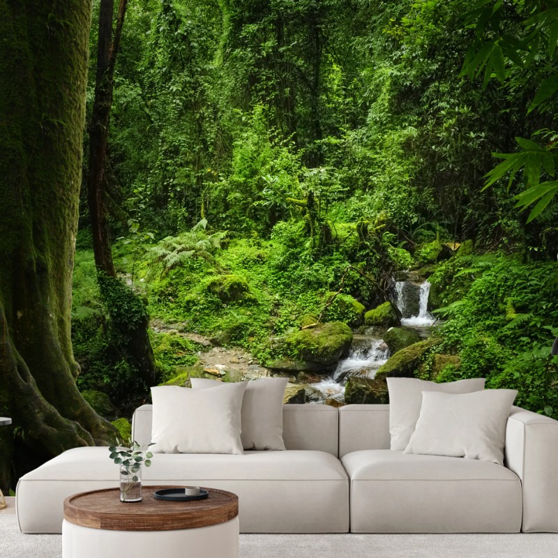 Fototapete üppiger grüner waldwasserfall – Wallnifity®