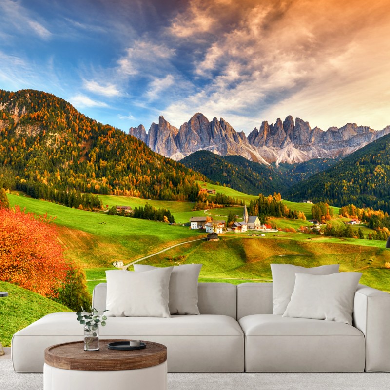 Fototapete herbstlicher sonnenuntergang über Santa Maddalena, Dolomiten – Wallnifity®