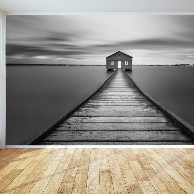 Fototapete einsames bootshaus am ruhigen steg – Wallnifity®