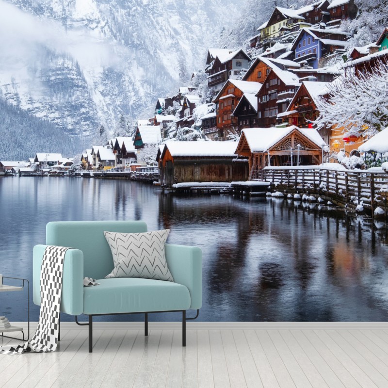 Fototapete verschneites Hallstatt am see – Wallnifity®
