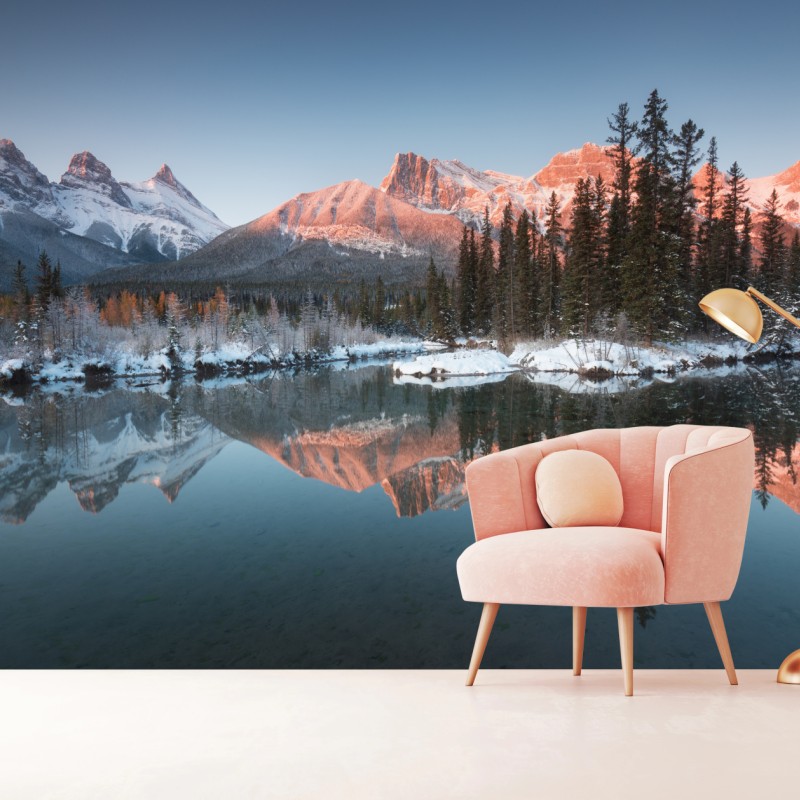 Fototapete bergspiegelung im morgendlichen glühen – Wallnifity®