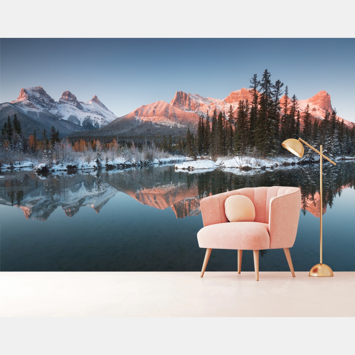 Fototapete bergspiegelung im morgendlichen glühen – Wallnifity®