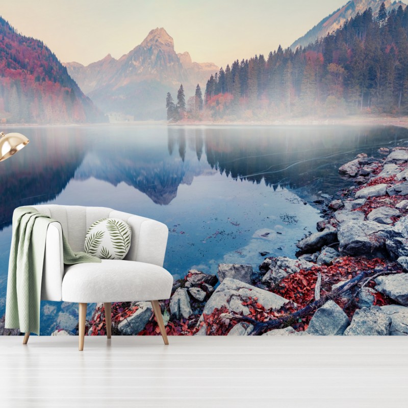 Fototapete nebliger herbstmorgen am Obersee, Schweizer Alpen – Wallnifity®