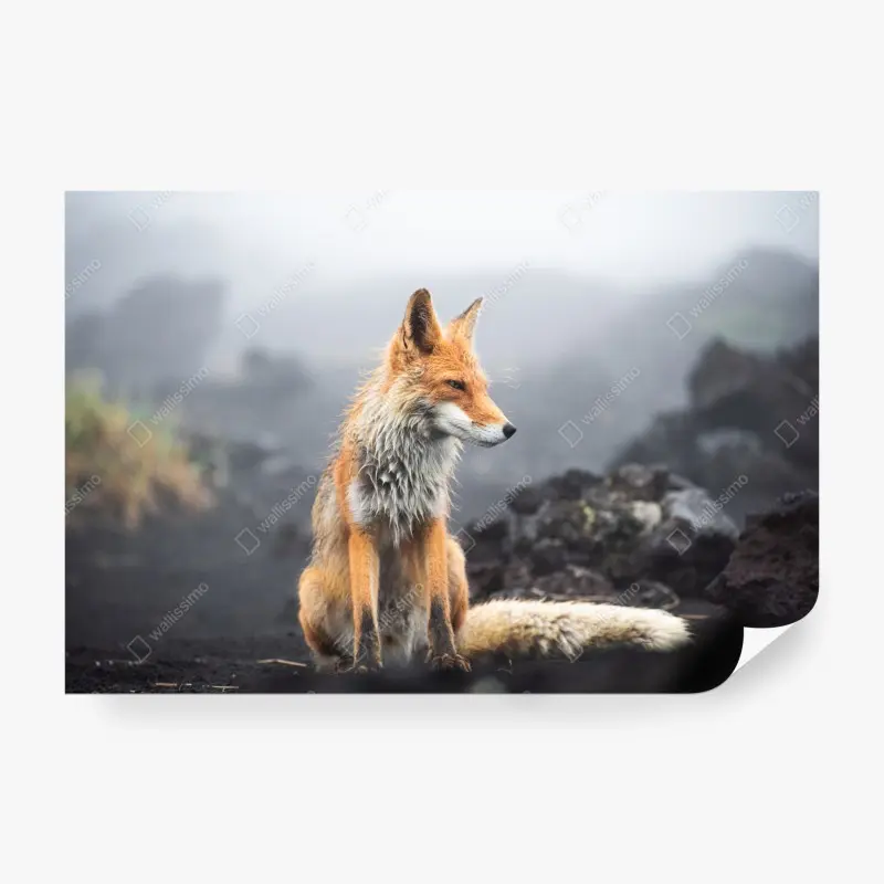 Fototapete roter fuchs in nebliger landschaft