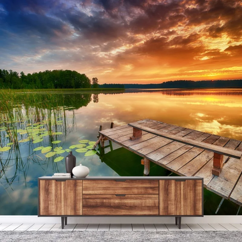 Fototapete goldener sonnenaufgang über ruhigem see – Wallnifity®