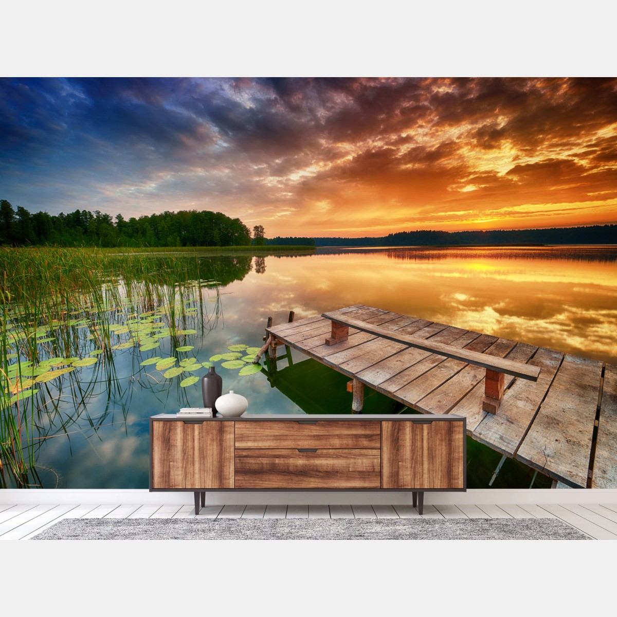 Fototapete goldener sonnenaufgang über ruhigem see – Wallnifity®