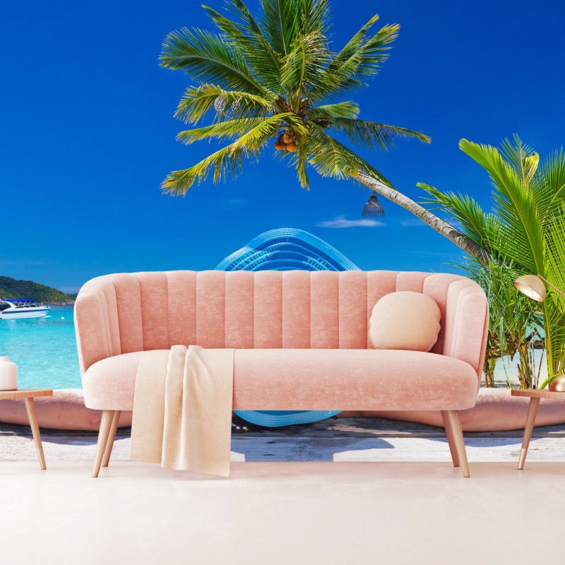 Fototapete tropischer strand mit blauem sonnenhut – Wallnifity®