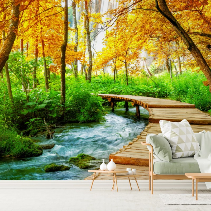 Fototapete goldener steg durch den wald bei Plitvicer Seen – Wallnifity®