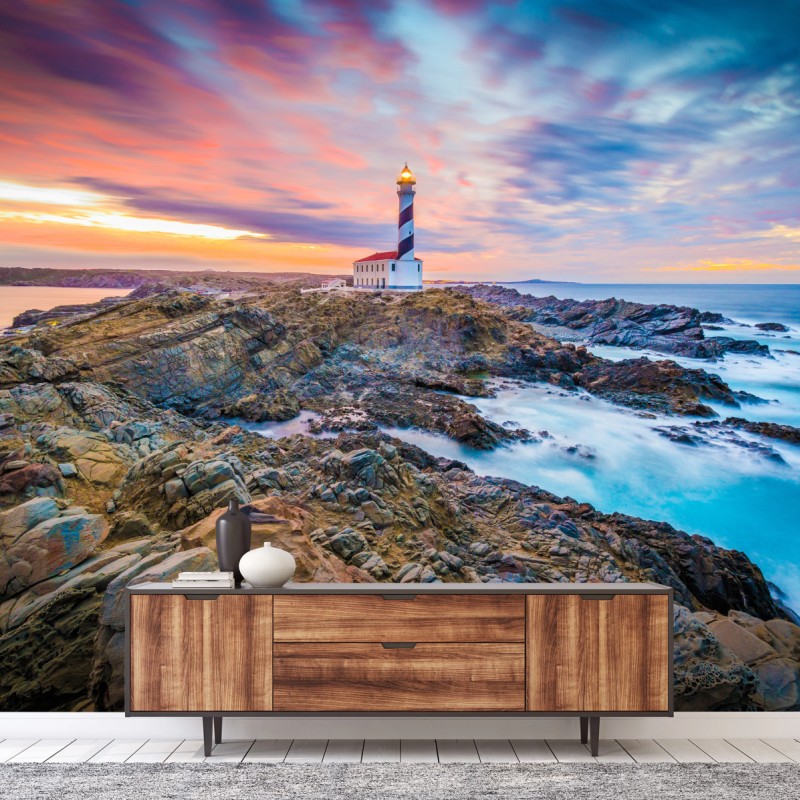 Fototapete sonnenuntergang bei leuchtturm Favaritx, Menorca