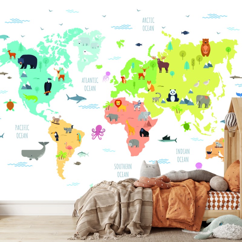 Fototapete illustrierte weltkarte mit tieren für kinder – Wallnifity®