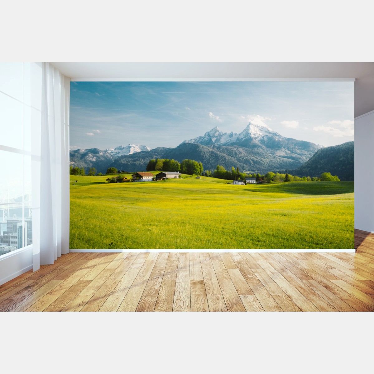 Fototapete alpwiese unter schneebedeckten gipfeln – Wallnifity®