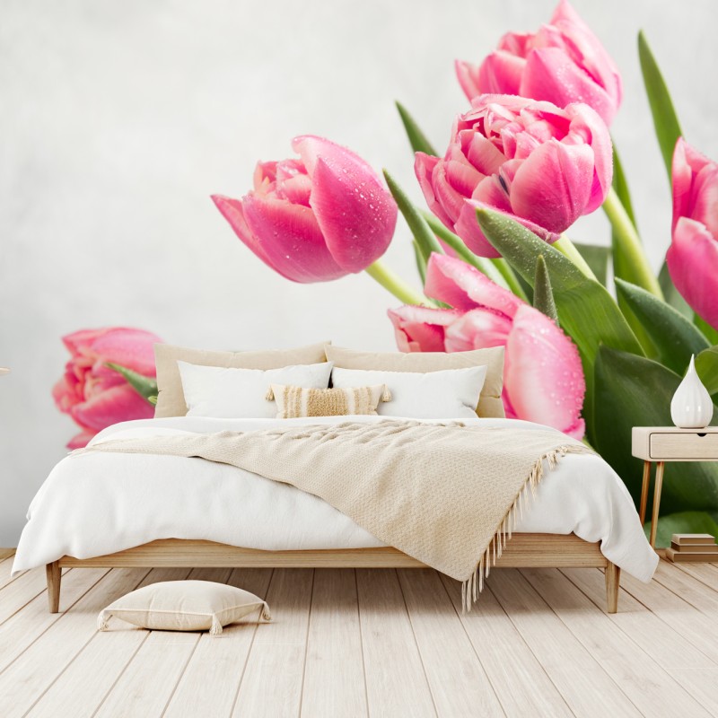 Fototapete eleganter strauß rosa tulpen – Wallnifity®