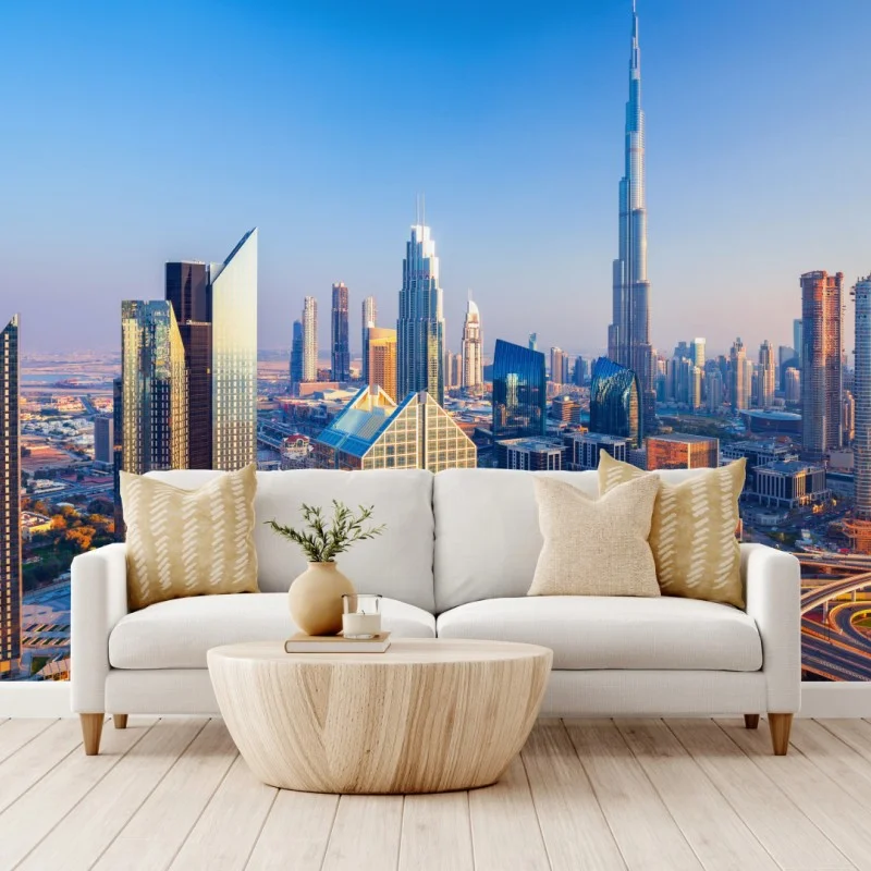 Fototapete panorama Dubais mit Burj Khalifa bei sonnenuntergang – Wallnifity®