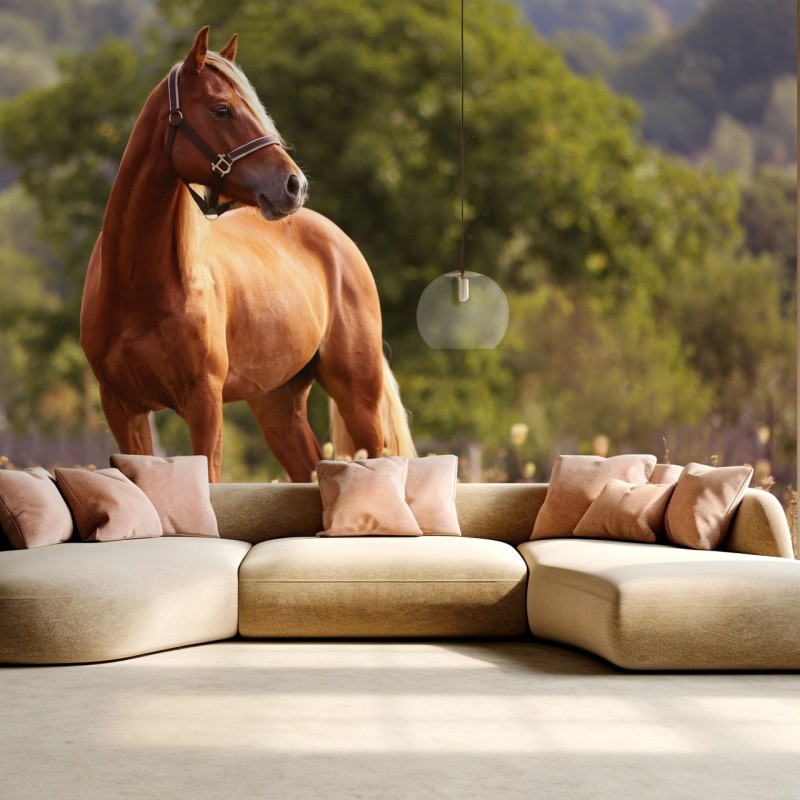 Fototapete majestätisches kastanienbraunes pferd auf sommerlicher wiese – Wallnifity®