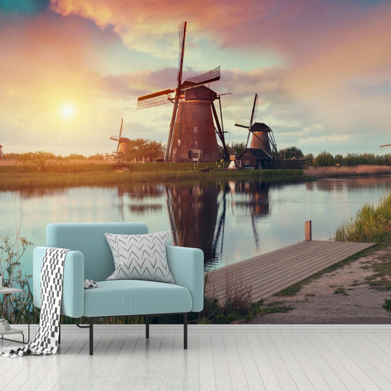 Fototapete sonnenuntergang über windmühlen in den Niederlanden – Wallnifity®