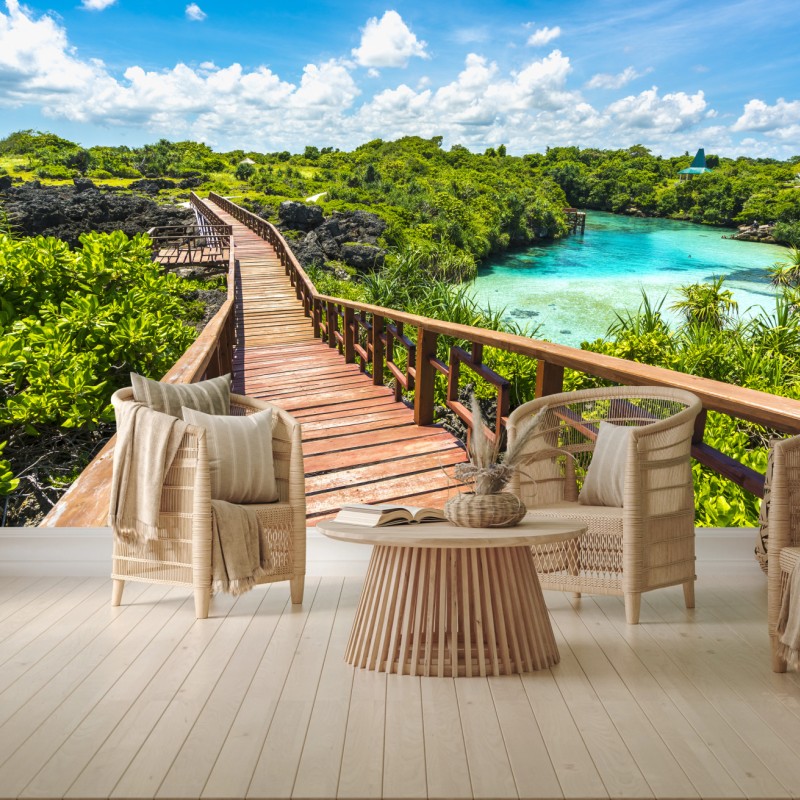 Fototapete tropischer holzsteg zur türkislagune – Wallnifity®
