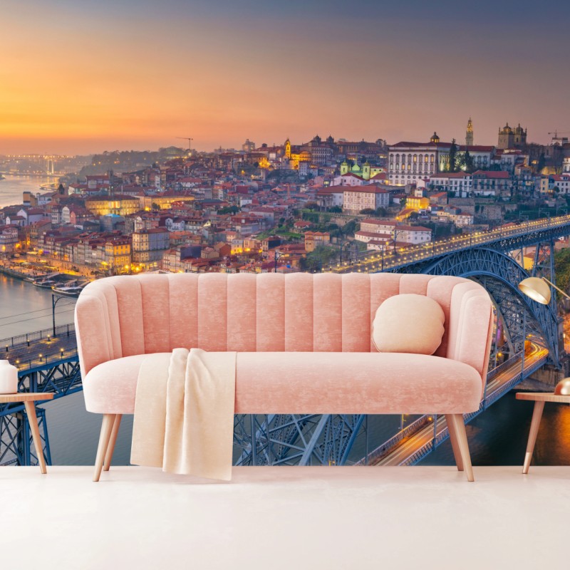 Fototapete porto skyline bei dämmerung mit Dom Luís I – Wallnifity®