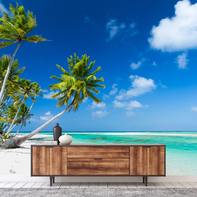 Fototapete tropischer strand mit palmen und türkisfarbenem wasser – Wallnifity®