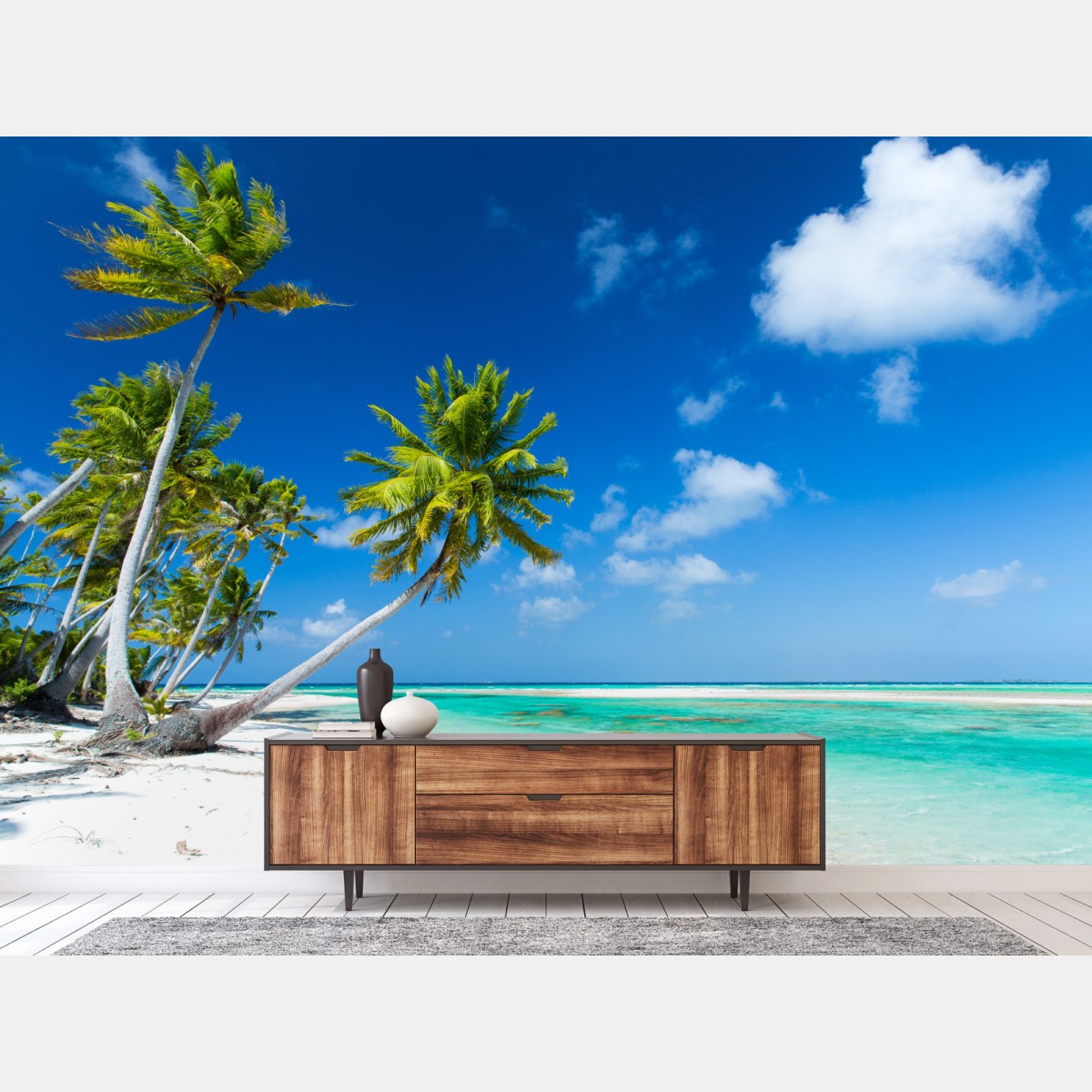 Fototapete tropischer strand mit palmen und türkisfarbenem wasser – Wallnifity®