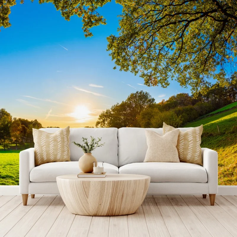 Fototapete sonnenbeschienene wiese mit landweg bei sonnenuntergang – Wallnifity®