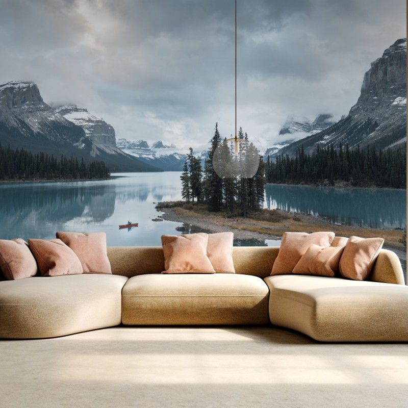 Fototapete ruhiger alpensee mit insel und kajak – Wallnifity®