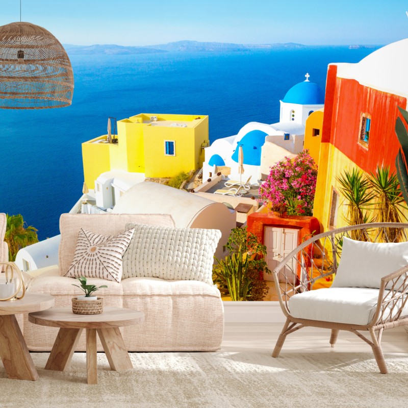 Fototapete sonniges Santorini küstendorf – Wallnifity®