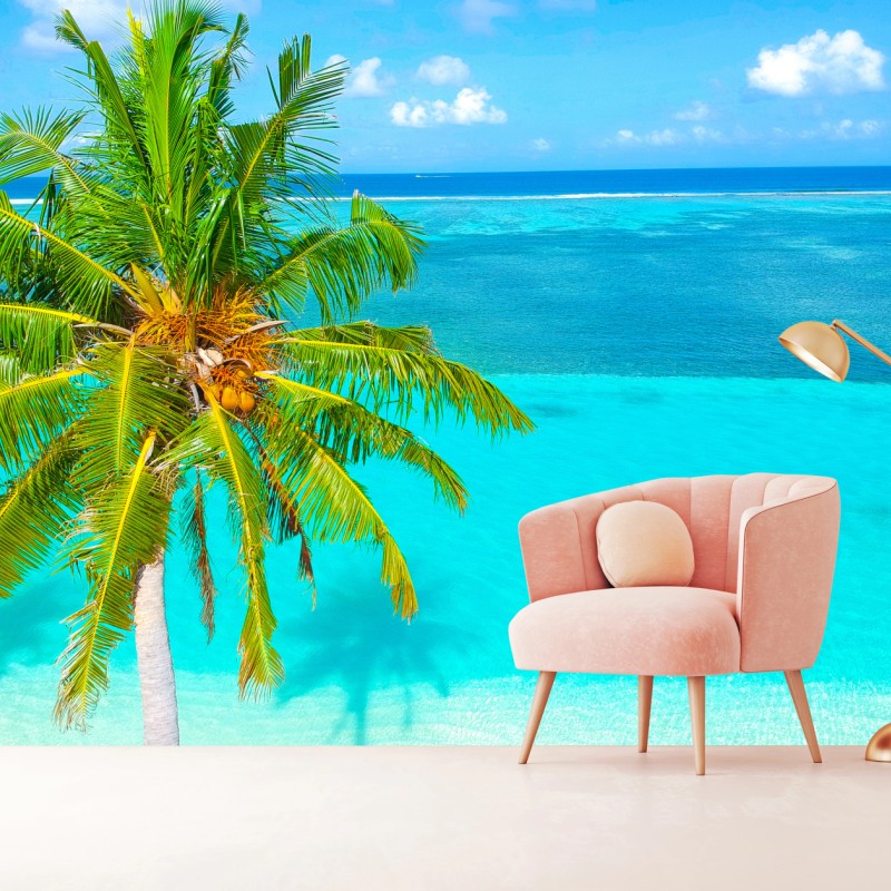 Fototapete tropischer türkisstrand mit palme – Wallnifity®