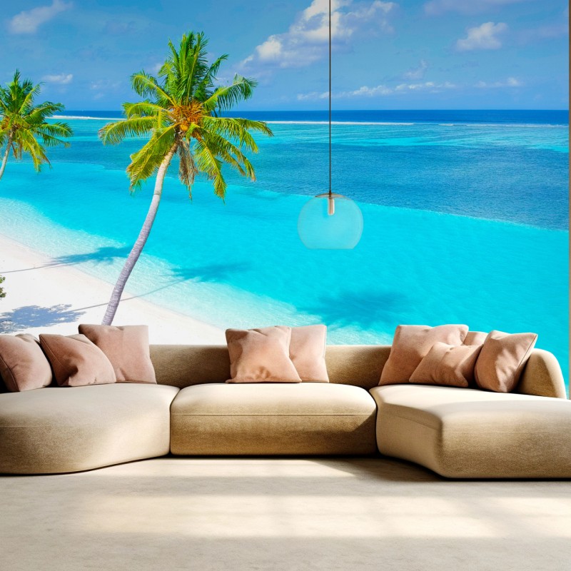 Fototapete tropischer türkisfarbener strand mit palmen – Wallnifity®