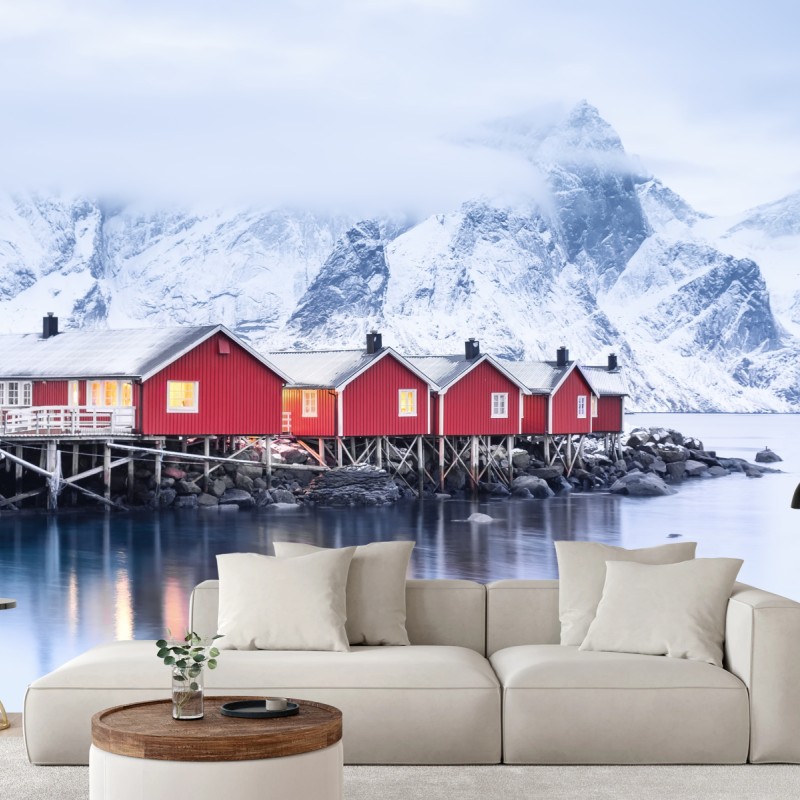 Fototapete sonnenaufgang über den roten hütten der Lofoten – Wallnifity®