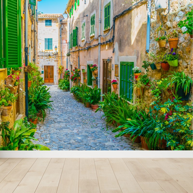 Fototapete sonnige gasse mit grünen fensterläden – Wallnifity®