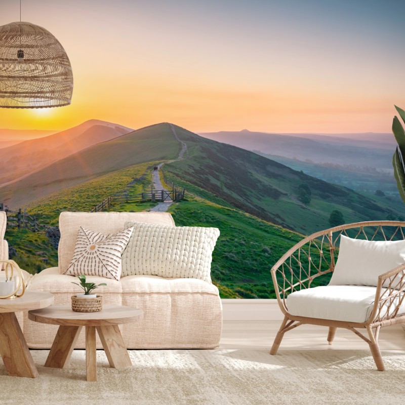 Fototapete sonnenaufgang über grünen hügeln mit steinweg – Wallnifity®