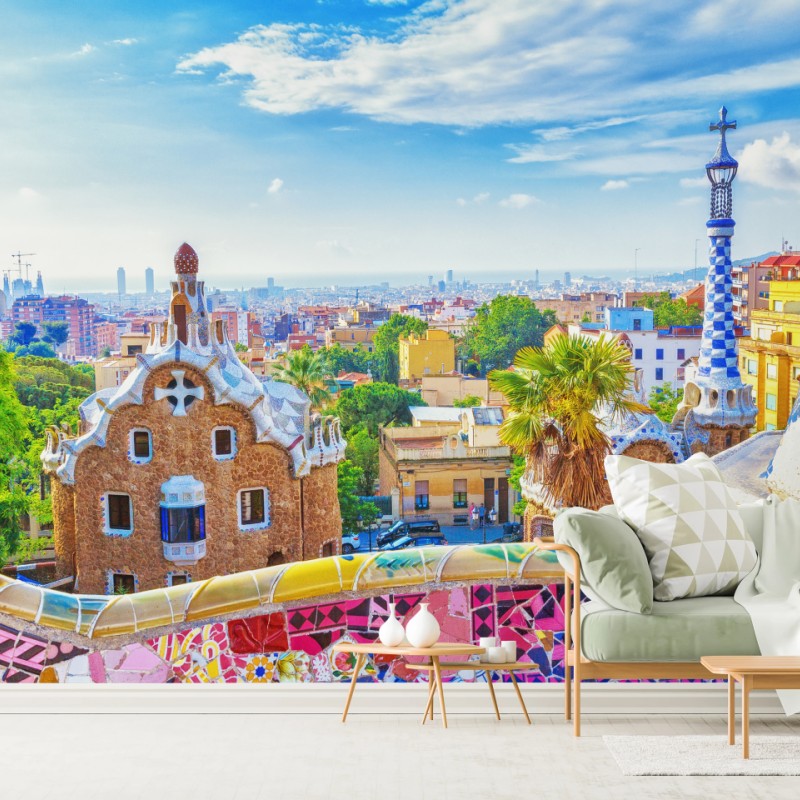 Fototapete lebendiges Barcelona Park Güell mosaik panorama – Wallnifity®