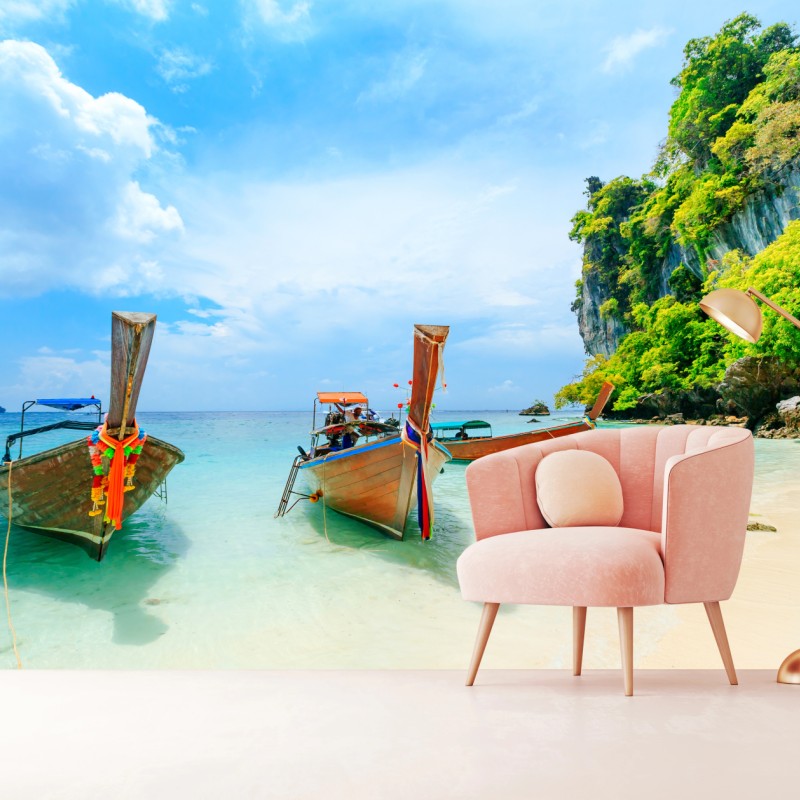 Fototapete longtail-boote am türkisfarbenen strand von Phuket – Wallnifity®