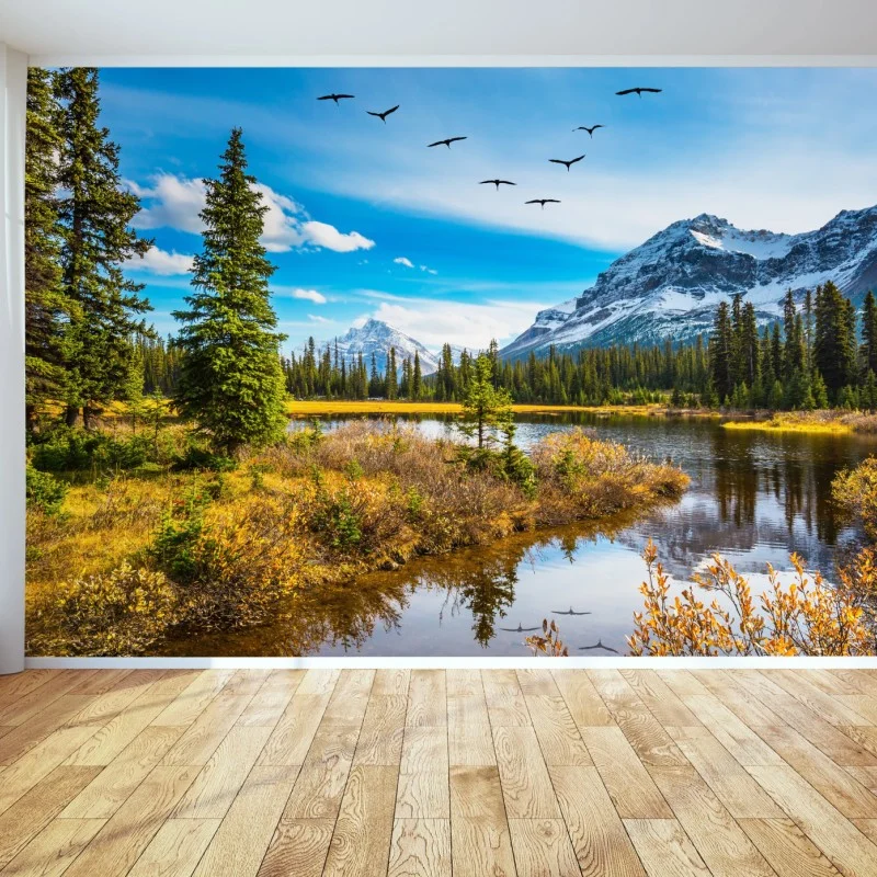Fototapete herbstlicher bergsee mit vögeln