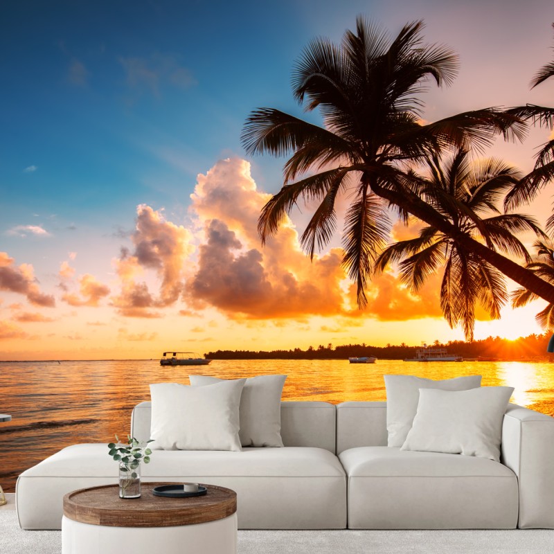 Fototapete tropischer sonnenuntergang mit palmensilhouetten, Dominikanische Republik – Wallnifity®