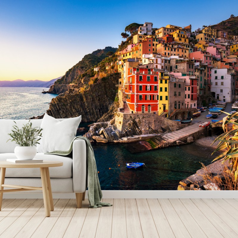 Fototapete sonnenuntergang über Riomaggiore, Cinque Terre – Wallnifity®
