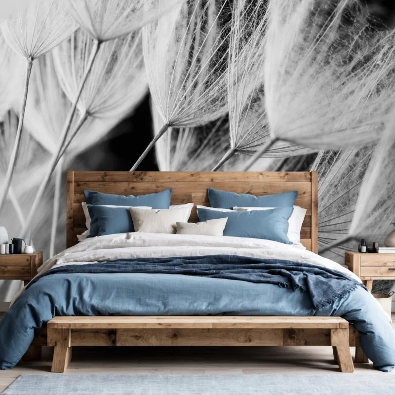 Fototapete zarte nahaufnahme von löwenzahnsamen in monochrom – Wallnifity®