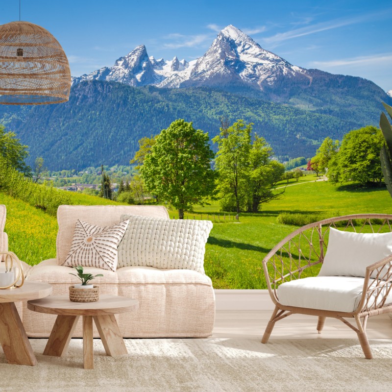 Fototapete ruhige alpenwiese mit berggipfeln – Wallnifity®