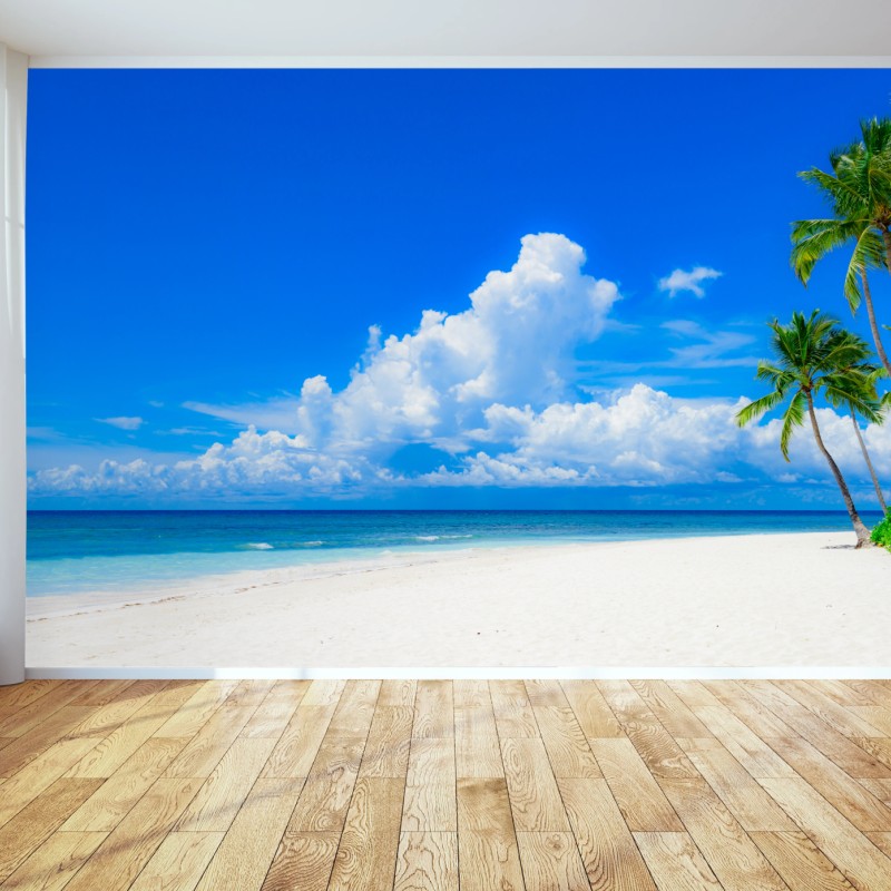 Fototapete tropischer palmenstrand unter blauem himmel – Wallnifity®