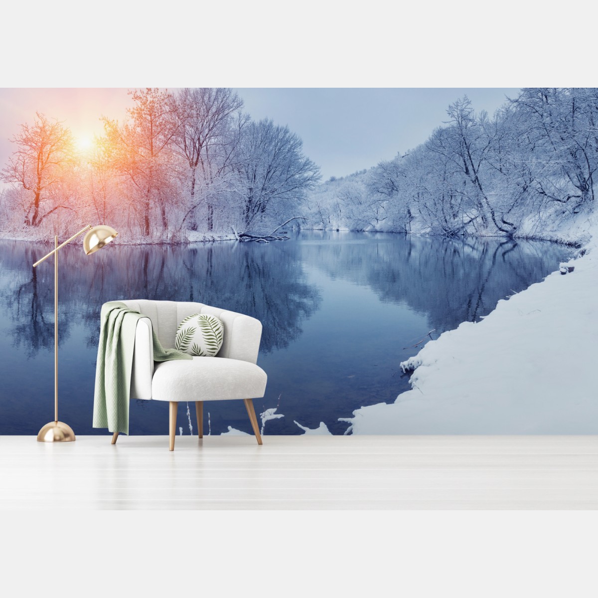 Fototapete winterliche flusslandschaft bei sonnenuntergang – Wallnifity®