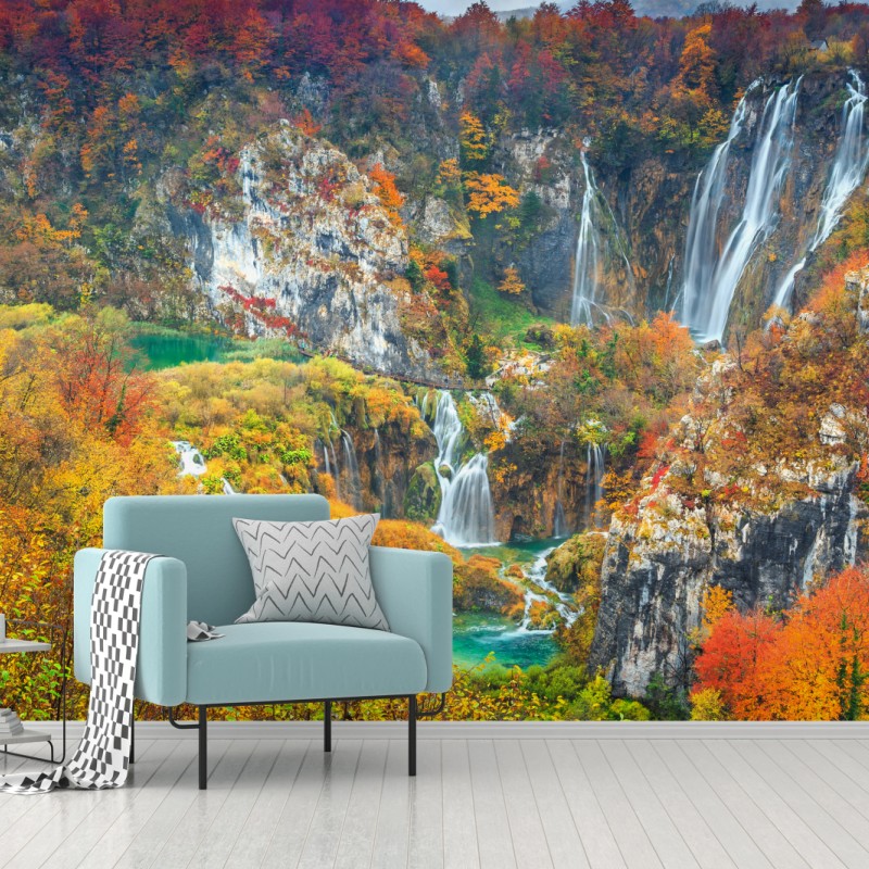 Fototapete herbstliche wasserfälle in einem farbenfrohen wald – Wallnifity®