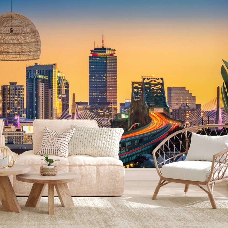 Fototapete panorama von Boston bei sonnenuntergang mit Zakim und Tobin brücken – Wallnifity®