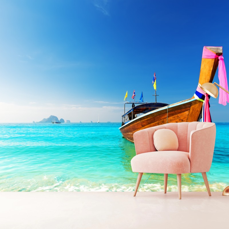 Fototapete langheckboot am türkisfarbenen strand, Andamanensee – Wallnifity®
