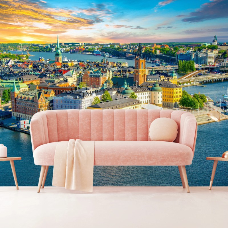 Fototapete lebendige stadtansicht von Stockholm bei sonnenuntergang – Wallnifity®