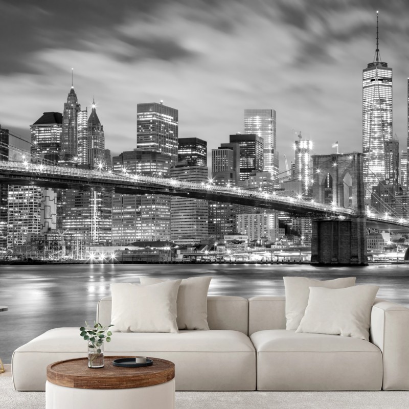 Fototapete schwarzweiß skyline von New York mit Brooklyn Bridge – Wallnifity®
