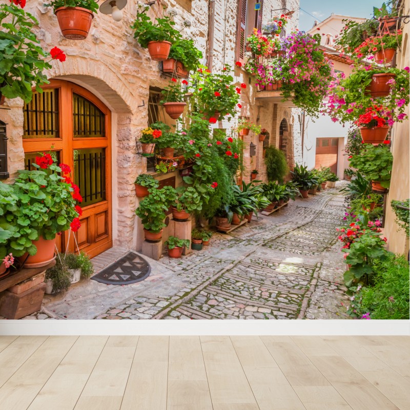 Fototapete sonnige gasse in Italien mit blühenden töpfen – Wallnifity®